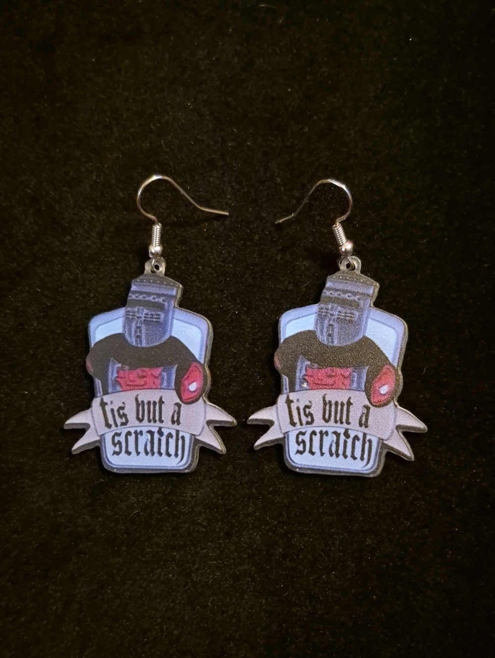 Handcrafted Monty Python 'Tis But a Scratch' Knight Drop Earrings - Black & Red